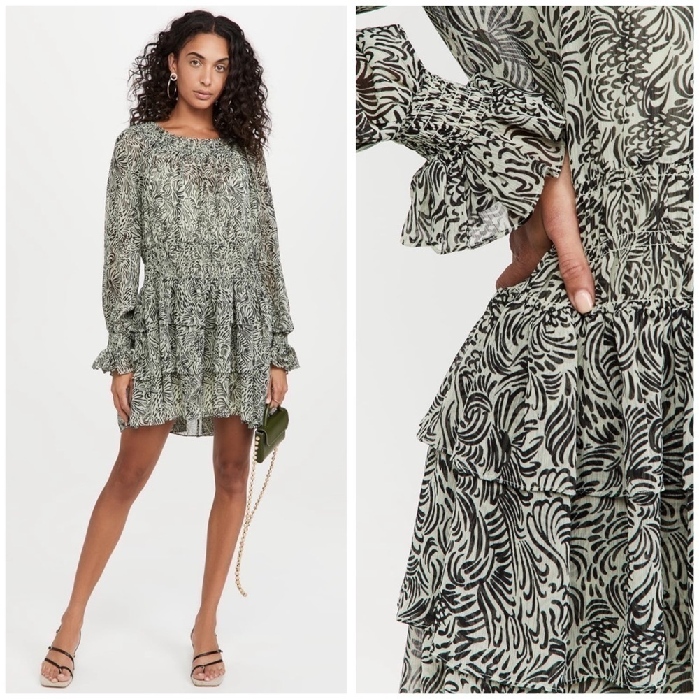 Cinq a Sept Janelle Tiered Long Sleeve Chiffon Boho Dress Mini Mint Black Sz 8
